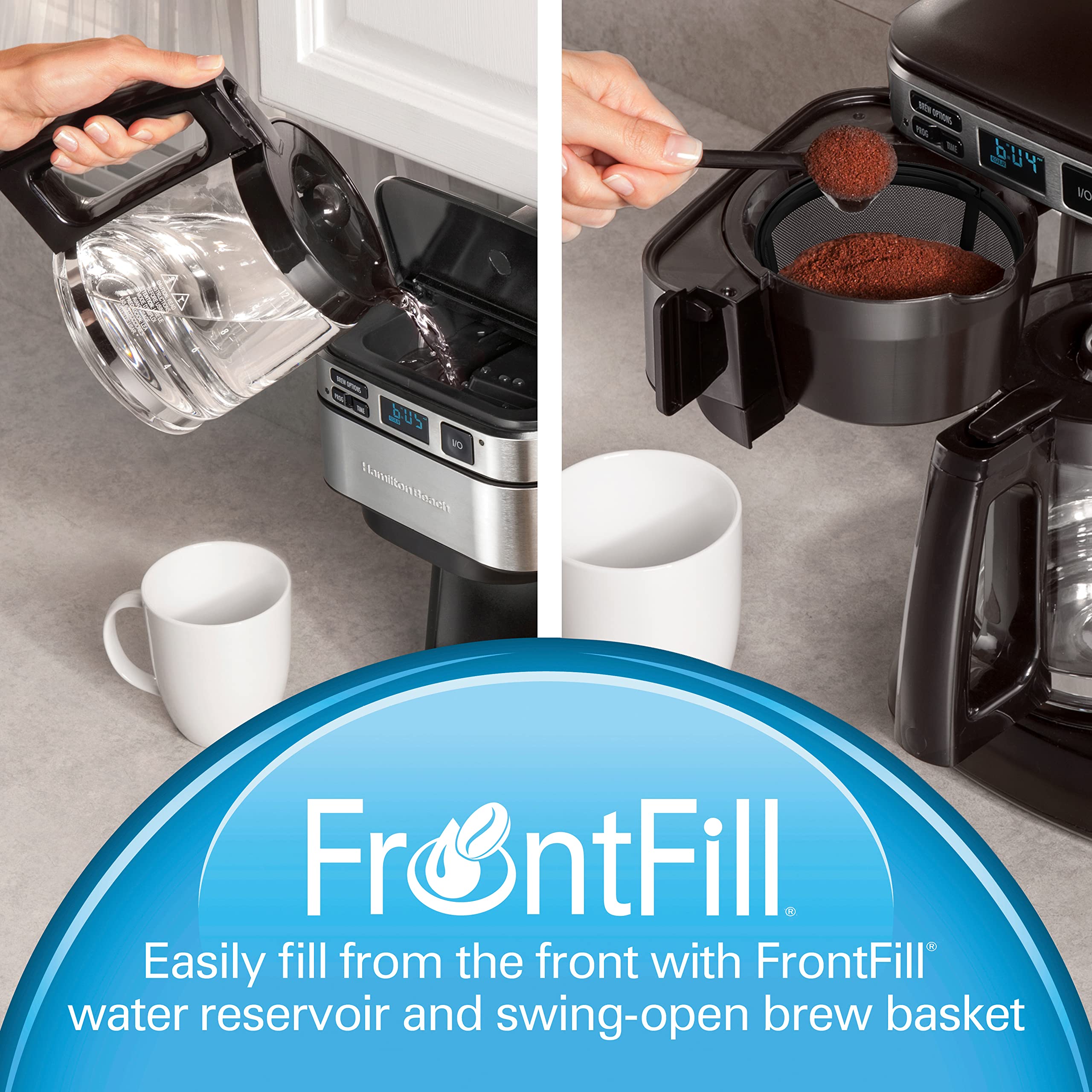 Hamilton Beach FrontFill® 12 Cup Programmable Coffee Maker, 1.7L Glass carafe, 950W , Wake up ready, 3 brewing options, Reusable mesh filter, Clean reminder Hamilton Beach FrontFill® 12 Cup Programmable Coffee Maker, 1.7L Glass carafe, 950W , Wake up ready, 3 brewing options, Reusable mesh filter, Clean reminder